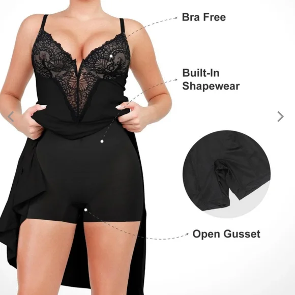 NWOT Popilush Shapewear Lace V Neck Side Slit Slimming Maxi Slip Dress Sz XL - Picture 2 of 7